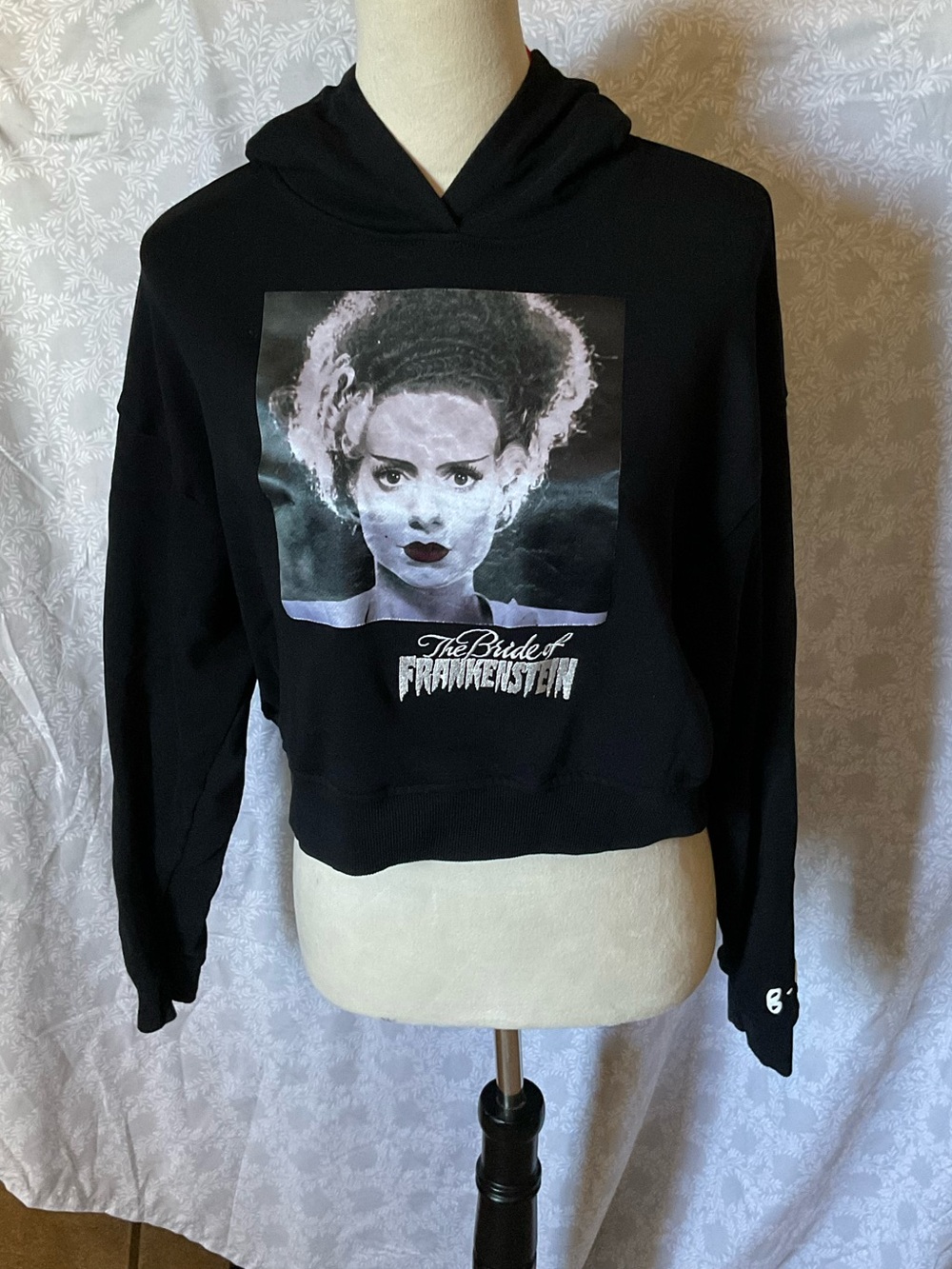 Black Bride of Frankenstein Graphic Crop Hoodie Sweater